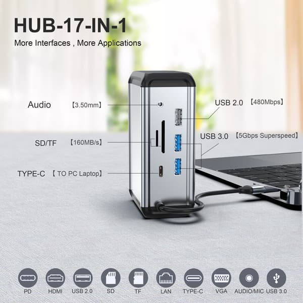 12-i-1 USB-C Hub Adapter, Sølv, med HDMI VGA Ethernet, 4K, Aluminium, til Bærbar Computer