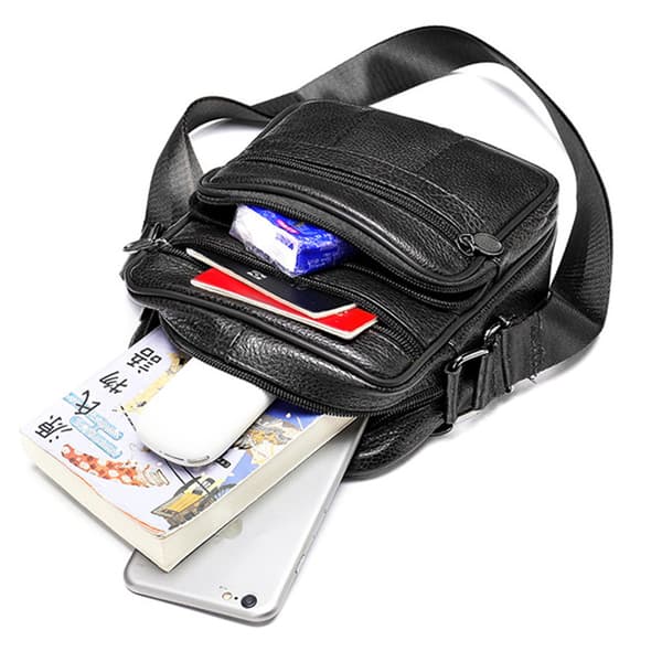 Ægte Læder Crossbody Taske, Sort, Kompakt, Holdbar, Passer til 7.9\" Tablet