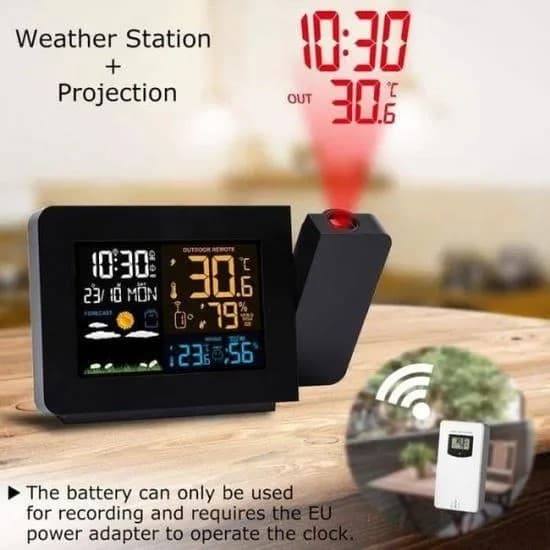 LED vekkerklokke med projeksjon, hygrometer, termometer, trådløs værstasjon, slumrefunksjon