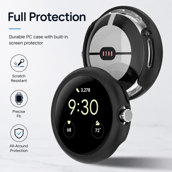 PC Halvdæksel til Google Pixel Watch, Sort, Stødsikker Beskyttelsesskal