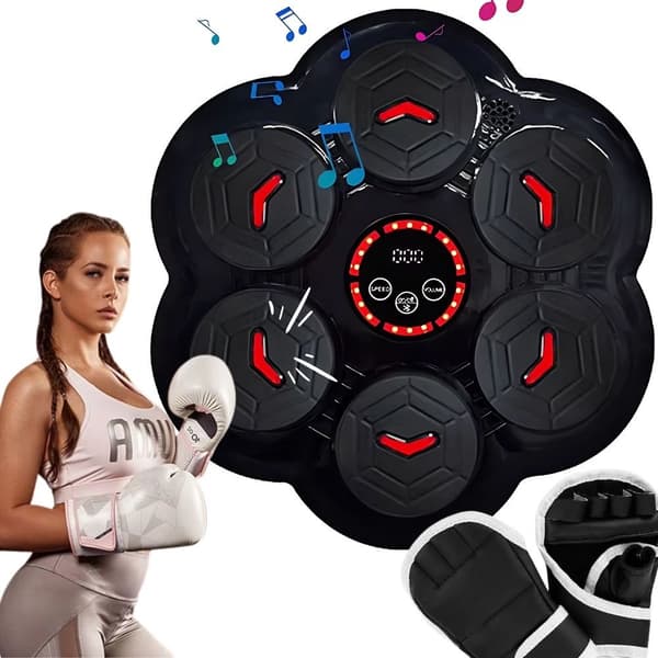 Boksetræner med musik, Bluetooth, LED, hastighedsniveauer, USB genopladelig, inklusive handsker