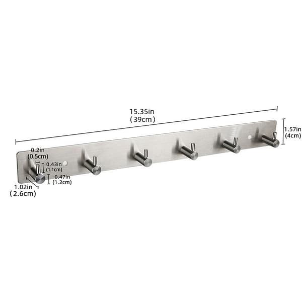 Veggmontert knaggrekke, 6 kroker, rustfritt stål, sølv, 39 cm, selvklebende