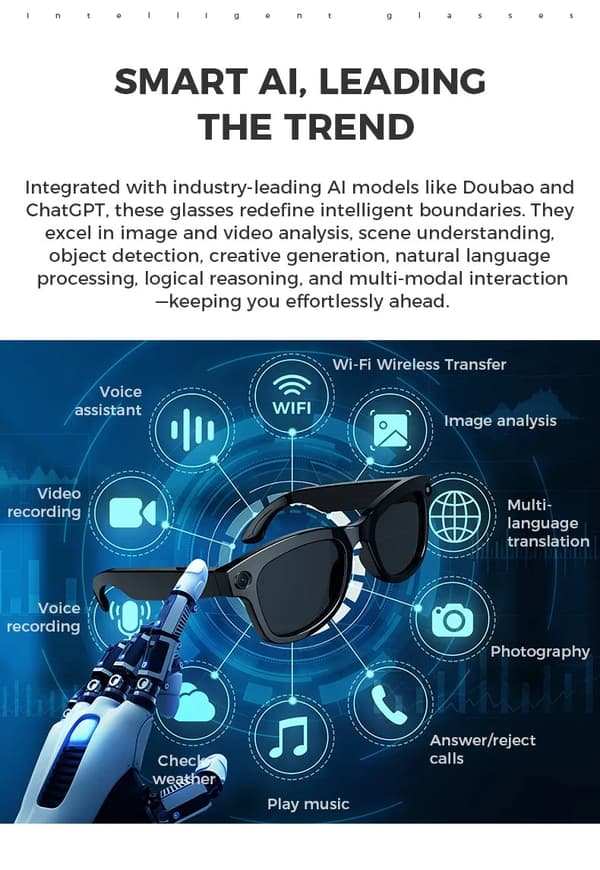 AI Smarte Briller med Dobbelt Kamera, Bluetooth WiFi, Oversettelse, Videoopptak, Android-kompatibel