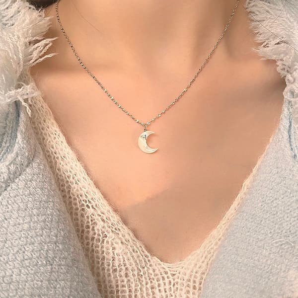 S925 Silver Månhalsband, Silver, 41cm Kedja, Strass, Elegant Present
