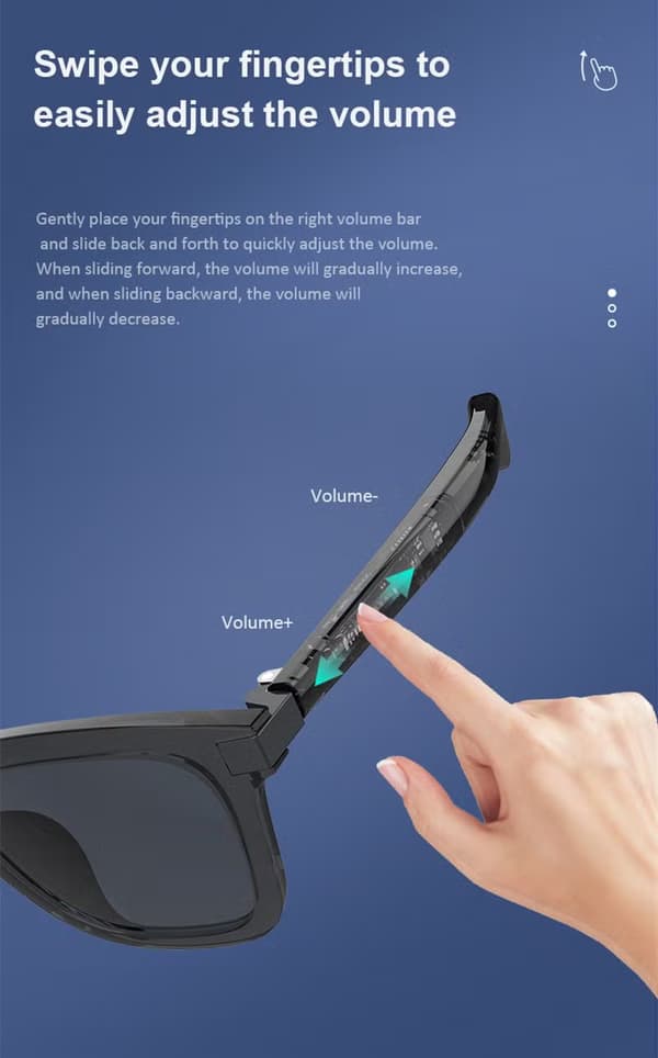 Smarte briller med UV400-beskyttelse, Bluetooth 5.3, berøringskontroll, vanntett, AI-assistent, magnetisk lading