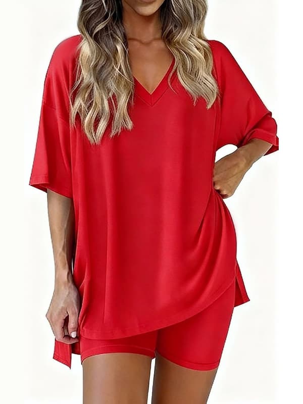 Pyjamasset med V-ringning för dam, kortärmad topp och shorts, enfärgad, lediga sommarsovkläder S-Red