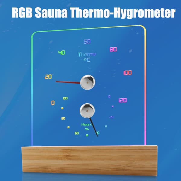 Sauna Termometer Hygrometer med RGB LED Lys, Bambus, Transparent, Genopladelig