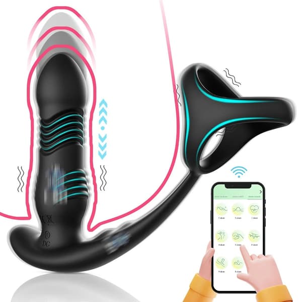 Fjernbetjent vibrerende ring, APP vibrationsforsinkelse, silikone, sort, til voksne