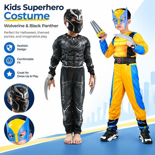 Børns Wolverine Kostume Black Panther Superhelt Halloween Scenedragt, Sort