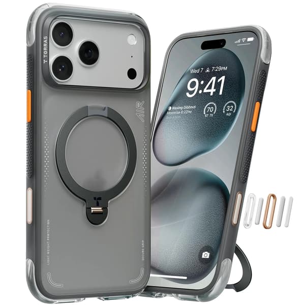 360 Magsafe Stand Telefondeksel til iPhone 17 Pro Max, AirMAX Fallbeskyttelse med 360° Roterende Støtte, Shadow Black
