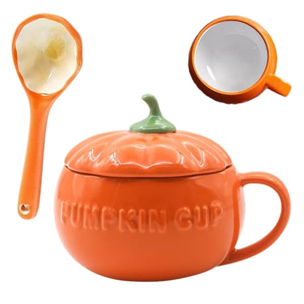 Keramisk pumpamugg med lock och sked, höstkaffekopp, medium, inredning