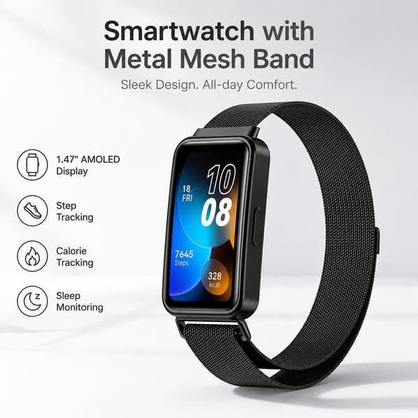 Magnetisk rem til Huawei Band 9, rustfrit stål, åndbar, sikker pasform, sort
