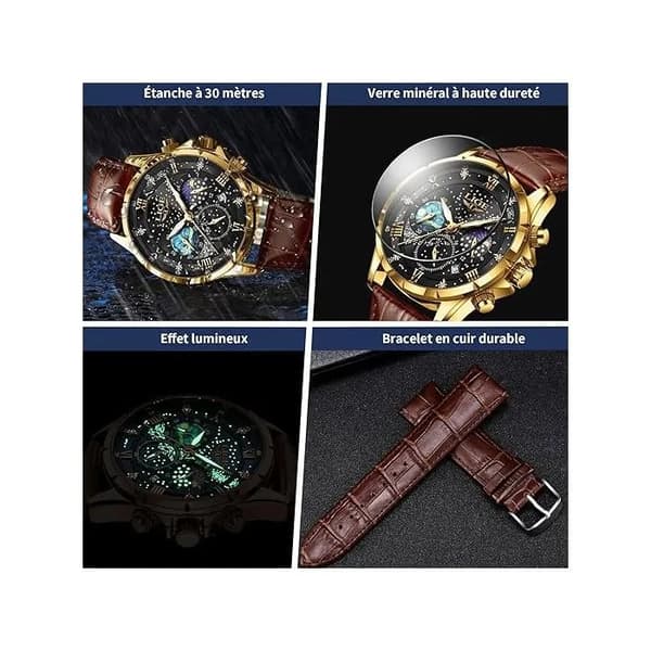 Herre Chronograph Ur, Rustfrit Stål, Vandtæt, Analog, Læder, Månefase, Quartz, Lysende Dato