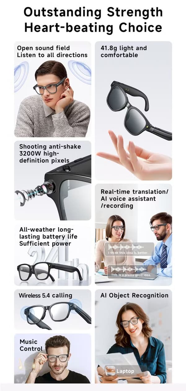 Smarta AI-glasögon med 4K-kamera, Bluetooth, dubbel mikrofon brusreducering, blåljusblockering