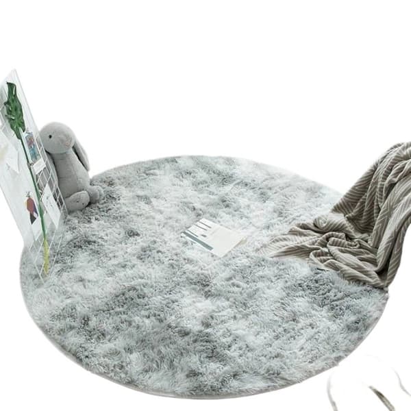 Ryamatta Rund 120cm, Grå, Mjuk Lång Lug, Halkfri, för Vardagsrum