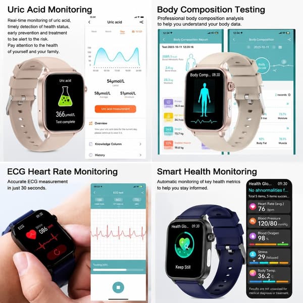 Smartwatch til mænd og kvinder, EKG PPG Blodfedt Urinsyre Sundhedsmonitor, Bluetooth-opkald, Sort Stål