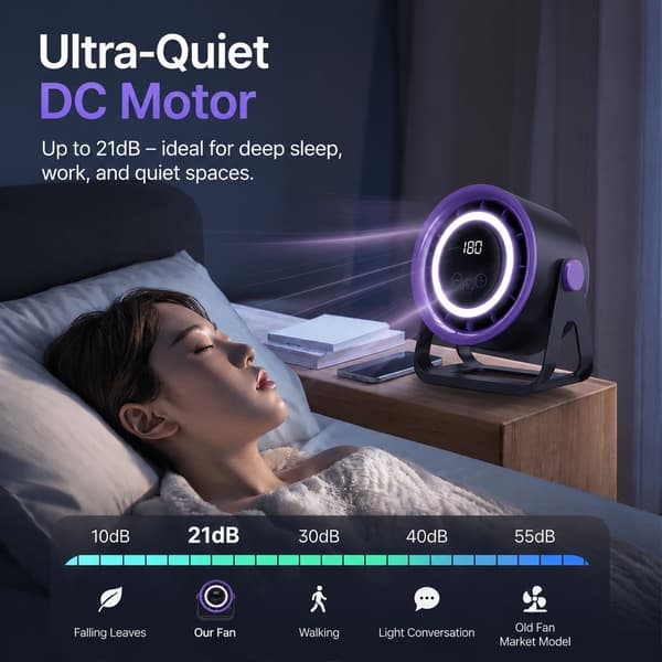 USB Bordventilator, Lydløs Bærbar Køleventilator til Hjemmekontor Soveværelse, Touch Control