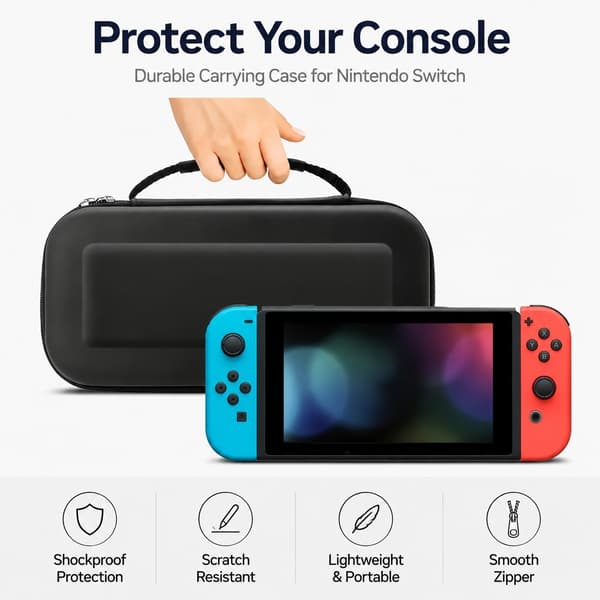 Bæretaske kompatibel med Nintendo Switch & OLED, sort, stødsikker, opbevaring til 10 spil