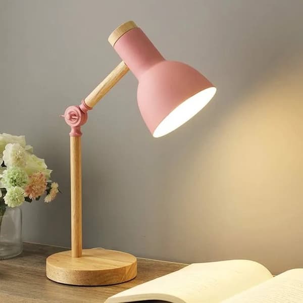 Klassisk LED-bordslampa i trä med svängbara armar, E27-sockel, för läsning, studier, kontor, rosa