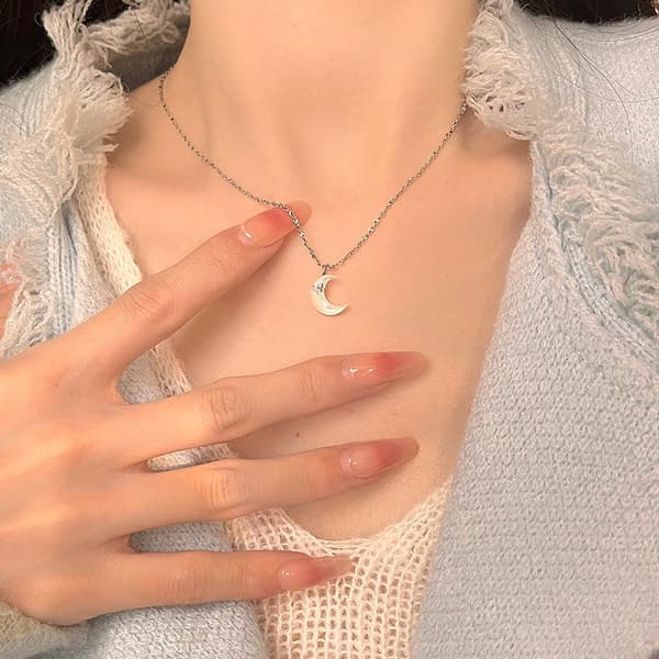 S925 Silver Månhalsband, Silver, 41cm Kedja, Strass, Elegant Present