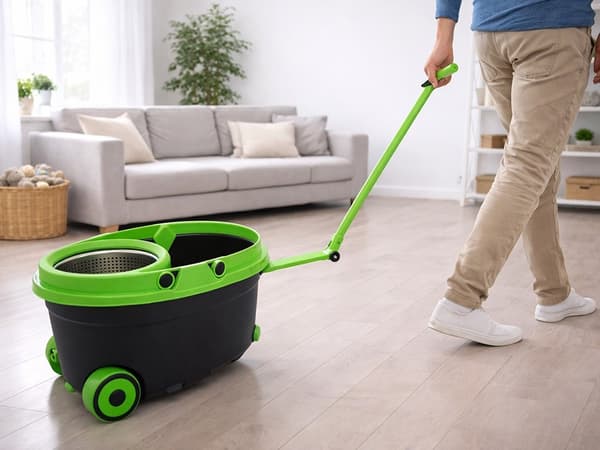 360° roterende moppesett med bøtte på hjul, 2 mikrofiberputer, justerbart håndtak