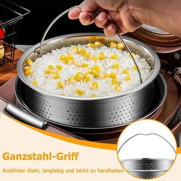 Dampkurv i rustfritt stål med håndtak, for mais, grønnsaker, egg