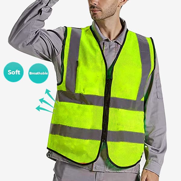 Säkerhetsväst med hög synlighet, neongul, reflexband, dragkedja fram, för män och kvinnor M