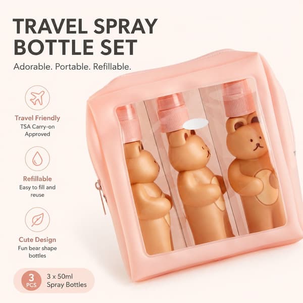 Reseflaskor Kit, Söt Björndesign, 2 Press- och 1 Sprayflaska, Tomma, Läckagesäkra, Bärbara för Resor