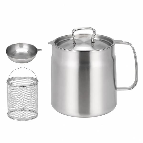 1,5L 304 Frityrkoker i rustfritt stål med kurv, sil og dryppbrett, multifunksjonell