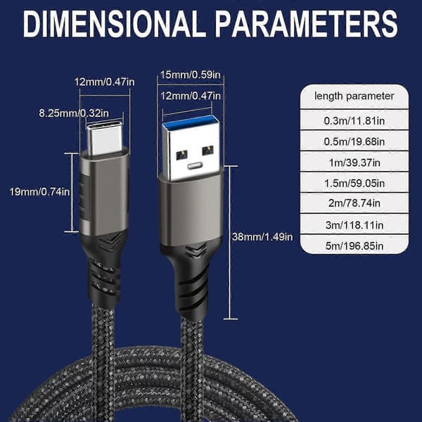 USB A til USB C-kabel USB 3.2 10 Gbps USB C-datakabel 20V 3A 60W hurtiglading for USB C mobiltelefon ekstern SSD 0.3m