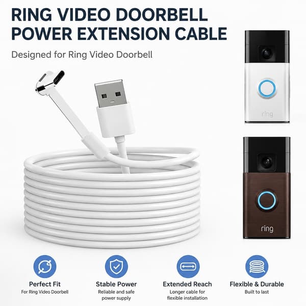 Ring-ovikellon virtajatkojohto 4m, erittäin ohut litteä johto Ring Basic/Plus/Pro -malleille