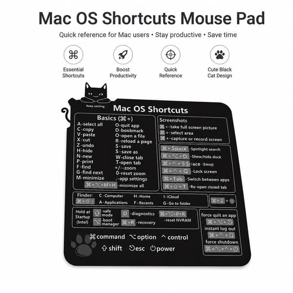 Näppäimistötarra Mac-pikanäppäimillä, musta, PVC, helppo kiinnittää, MacBookille