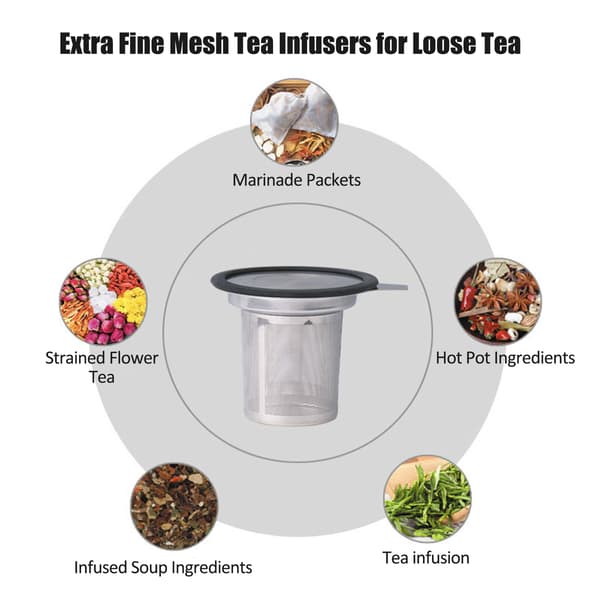 Tesil i rustfrit stål med silikonelåg, finmasket infuser til løs te