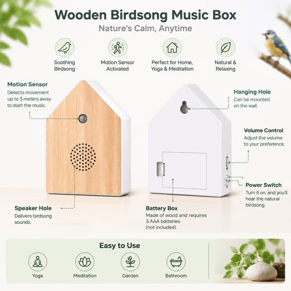 Fuglesangs-spilledåse i træ, afslappende fuglelyde til yoga, meditation og haven Solid wood model