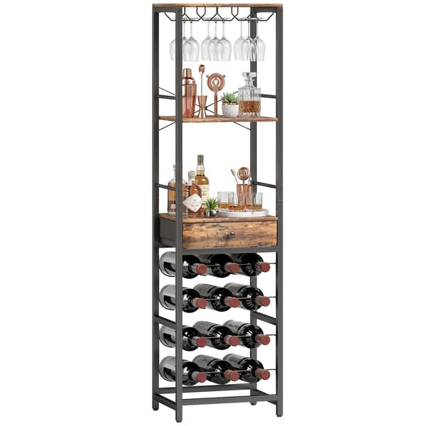 Melamiinipuinen viiniteline, rustiikinruskea, 12 pullolle, 9 lasille, metallirunko, 40x30x148 cm