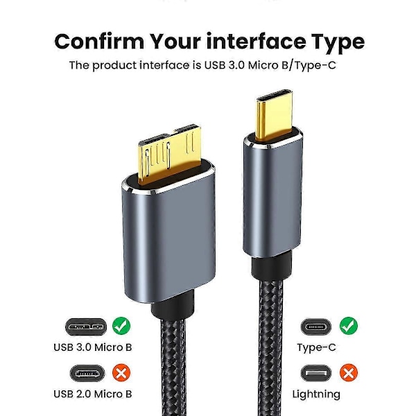 USB C till Micro B-kabel USB 3.0 Typ C 5 Gbit/s dataanslutningsadapter för hårddisk, smartphone, PC, typ C-laddare, kamera, diskkabel 1m