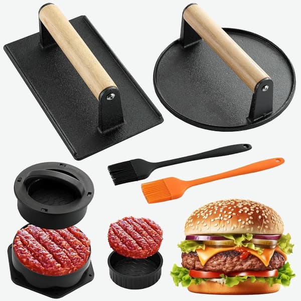 Non-Stick Hamburgerpresse-sæt, 5 dele, Støbejernsburgerform & Silikonepensler