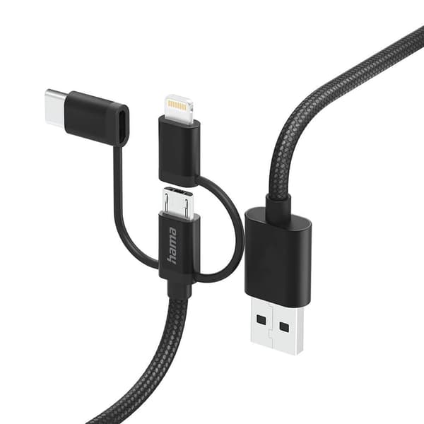 3-in-1-latauskaapeli, musta 1,5 m, USB-C Lightning Micro-USB, nopea synkronointi ja tiedonsiirto