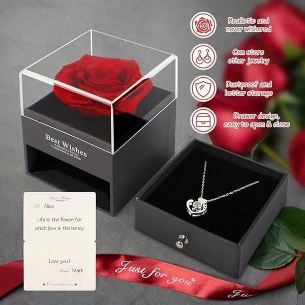 Evig Ros Presentförpackning med Kärlekshalsband, 100 Språk, Bevarad Blomstersmycke 925