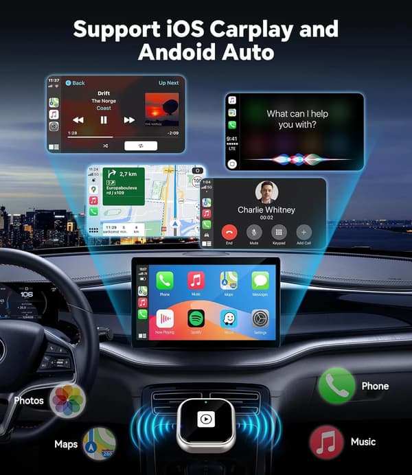 A10 Mini Trådløs CarPlay-adapter til iPhone og Android Auto - Kompakt CarPlay-dongle til fabriksmonterede kablede CarPlay-køretøjer (2016+)