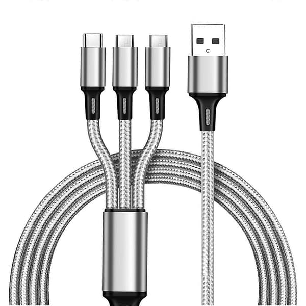 3-i-1 Nylonflettet Ladekabel (1,2M) – Type-C/Micro USB/Lightning, Kompatibel med de fleste telefoner