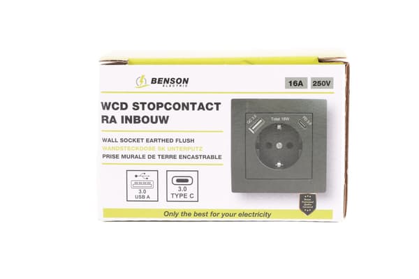 Seinäpistorasia USB-A/C:llä, musta, 16A 250VAC, 18W pikalataus