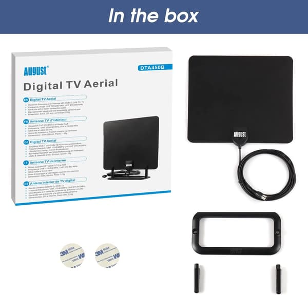 Indendørs TV-antenne til Freeview HD - Bærbar Antenne med Stativ & Vinduesmontering, DVB-T2, 3m Kabel, Sort