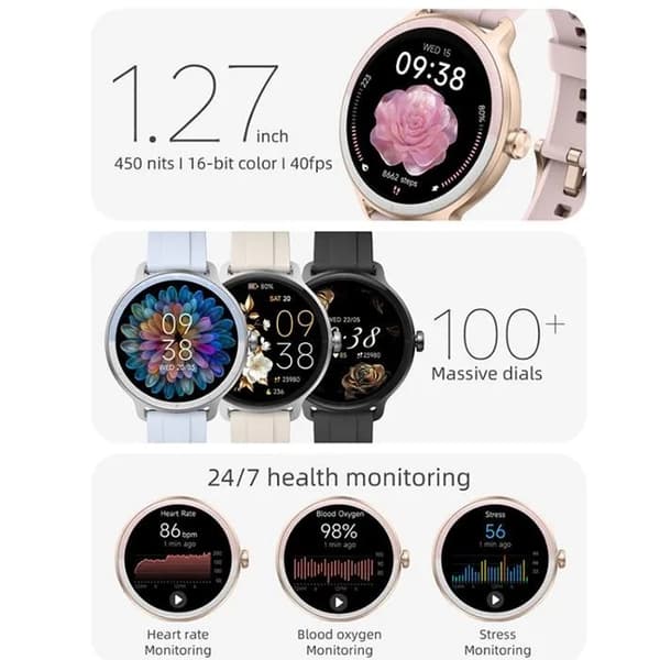 Dame Smartwatch, 1,27\" Touchskærm, Sundhedsmonitor, Puls, Blodilt, Søvntracker, Bluetooth Opkald, Sort