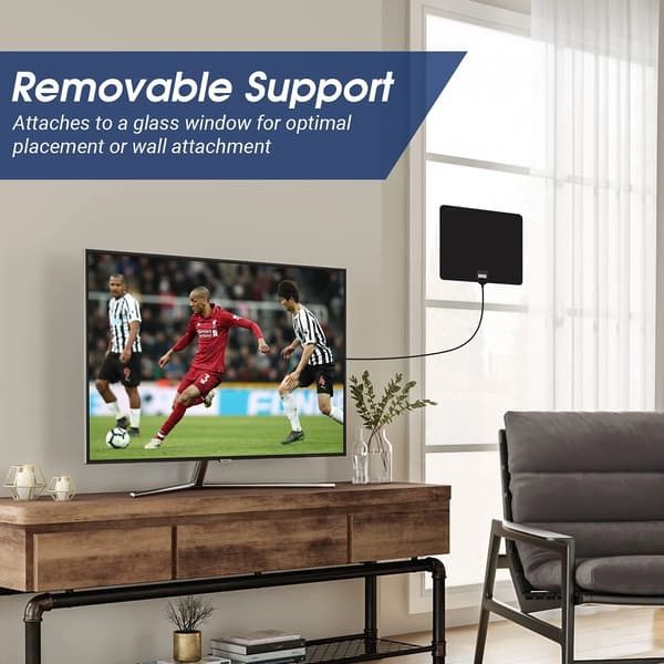 Indendørs TV-antenne til Freeview HD - Bærbar Antenne med Stativ & Vinduesmontering, DVB-T2, 3m Kabel, Sort
