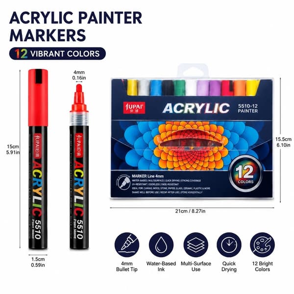 Akrylfärgpennor, 12-pack, Vattentäta, 4 mm spets, för sten, trä, glas, duk