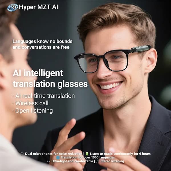 Smarte briller med AI stemmeassistent, anti-blått lys, oversettelse, Bluetooth 5.4, musikk, håndfri samtale