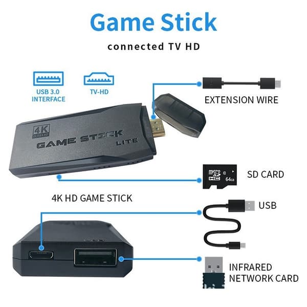 4K Retro Spillekonsol Stick, 64GB Indbygget 10000+ Spil, Trådløs Controller