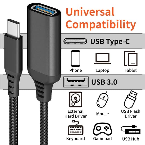 USB-C till USB 3.0-adapterkabel 5 Gbps, svart, 20 cm, aluminium