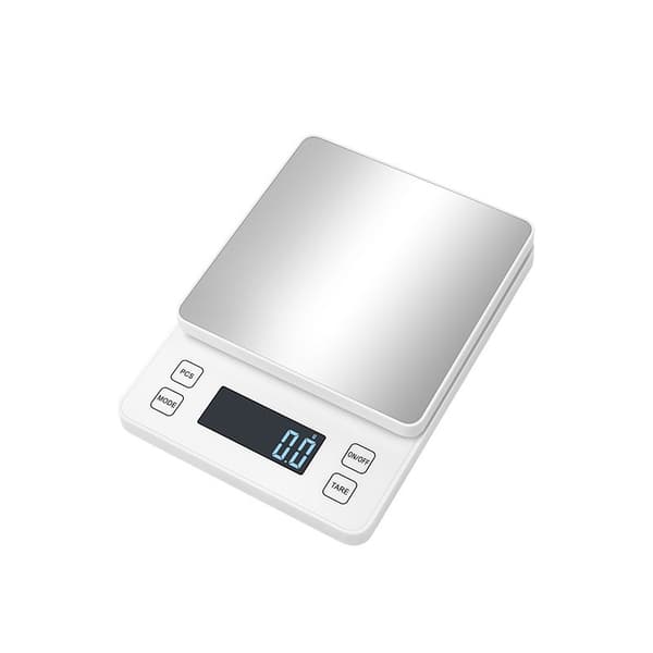 Digital kjøkkenvekt, 10kg/1g, hvit, rustfritt stål, oppladbar, multifunksjonell